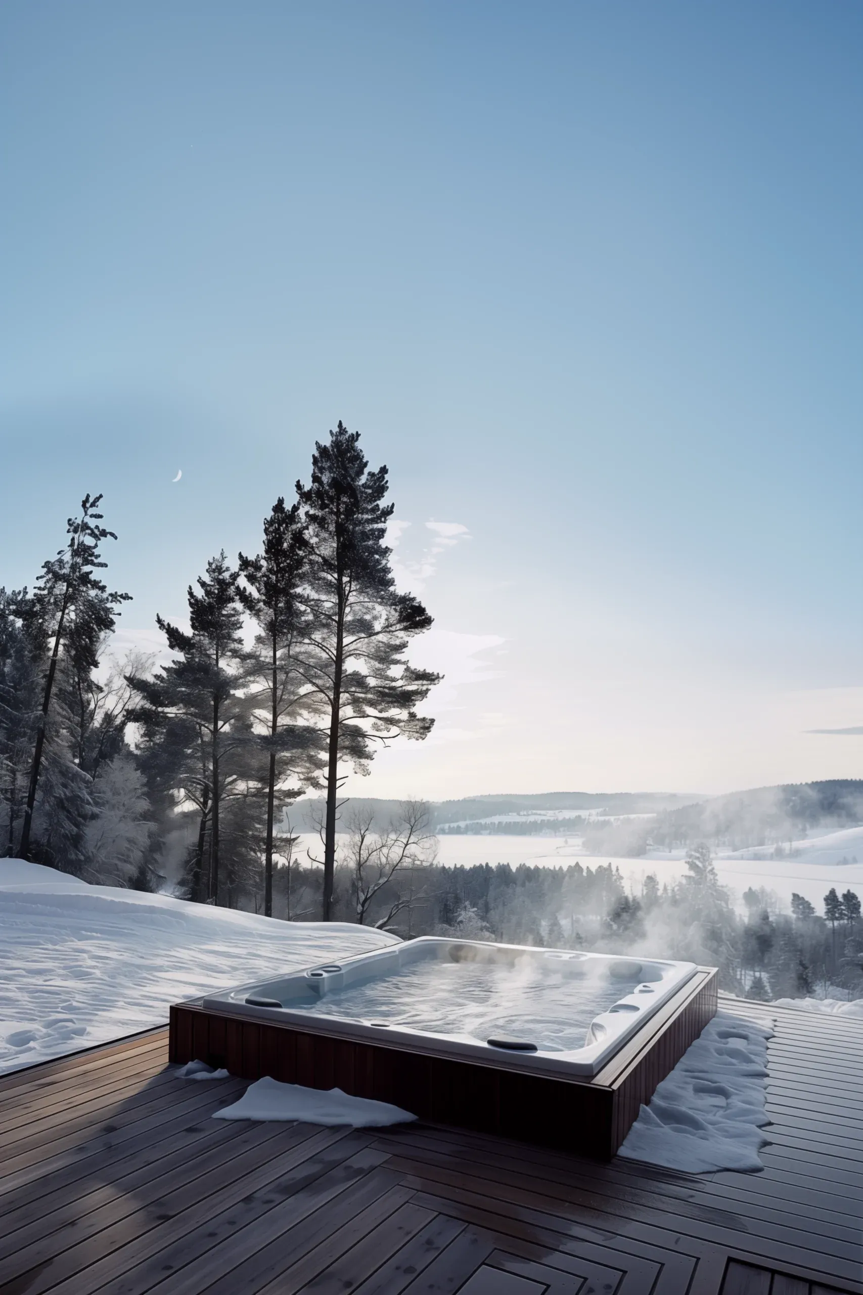 Jacuzzi ogrodowe na tarasie w zimowej scenerii